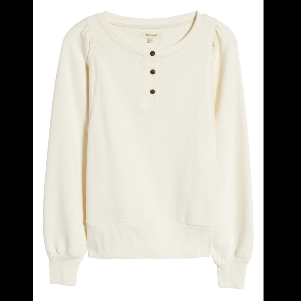 NWT Madewell Puff Sleeve Henley Sweatshirt in Antique Cream Sz Small